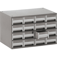 Modular Parts Cabinets, Steel, 16 Drawers, 17" x 10-9/16" x 2-1/8", Grey CA856 | Johnston Equipment
