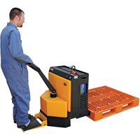 Fully Powered Electric Pallet Truck With  Stand-On Platform, 4500 lbs. Cap., 48" L x 30.25" W LV537 | Johnston Equipment