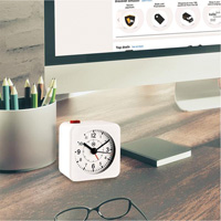 Mini Non-Ticking Alarm Clock, Analog, Battery Operated, 2.3" Dia., White OQ835 | Johnston Equipment