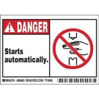 "Danger Starts Automatically" Sign, 3-1/2" x 5", Polyester, English with Pictogram SY370 | Johnston Equipment